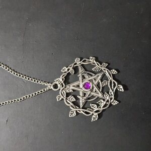 Silver Tone Pentagram Crescent Moon Vines Pendant Statement Necklace